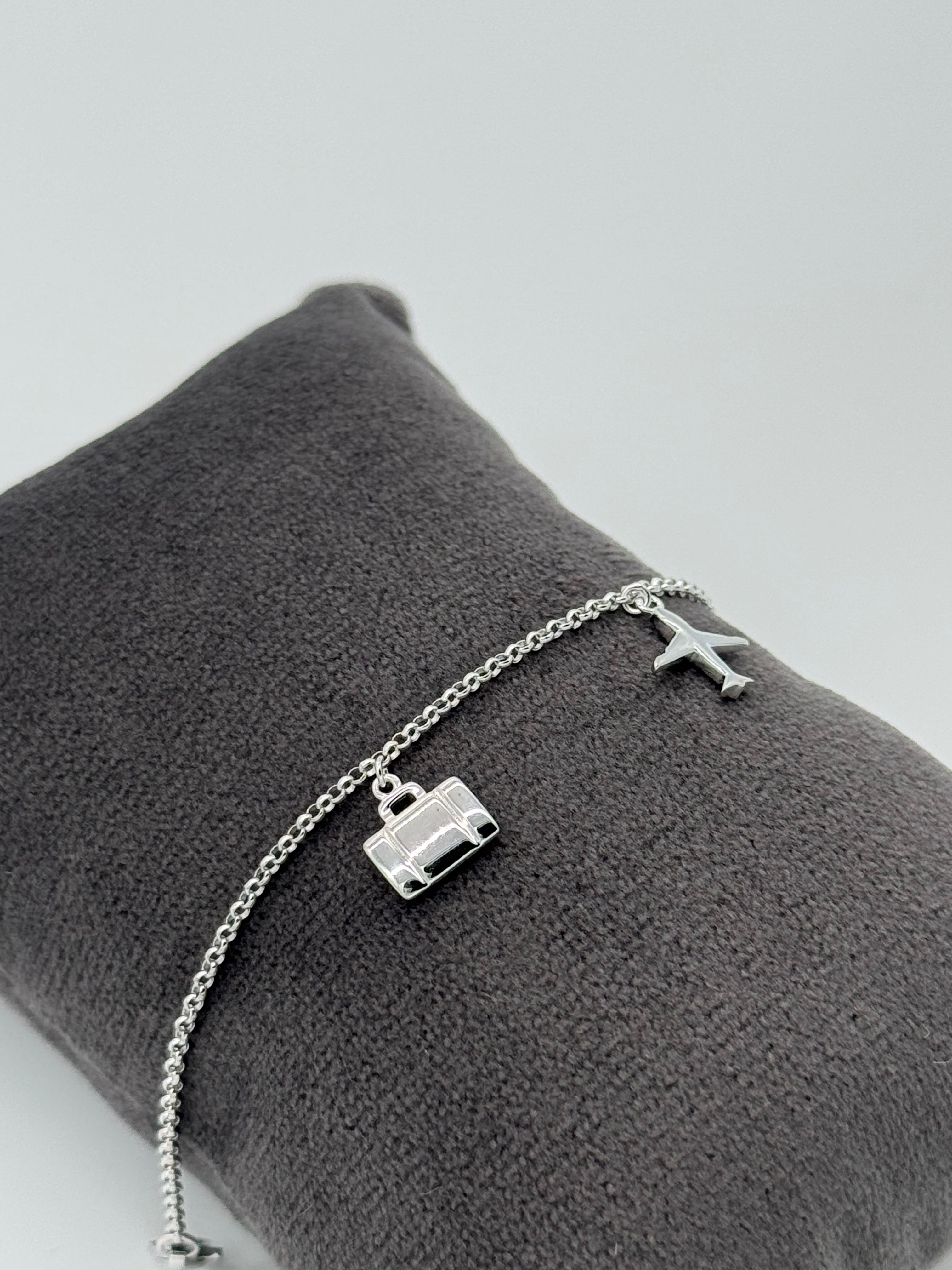 Flugzeug, Koffer und Reisepass Silberarmband 925 - Reise