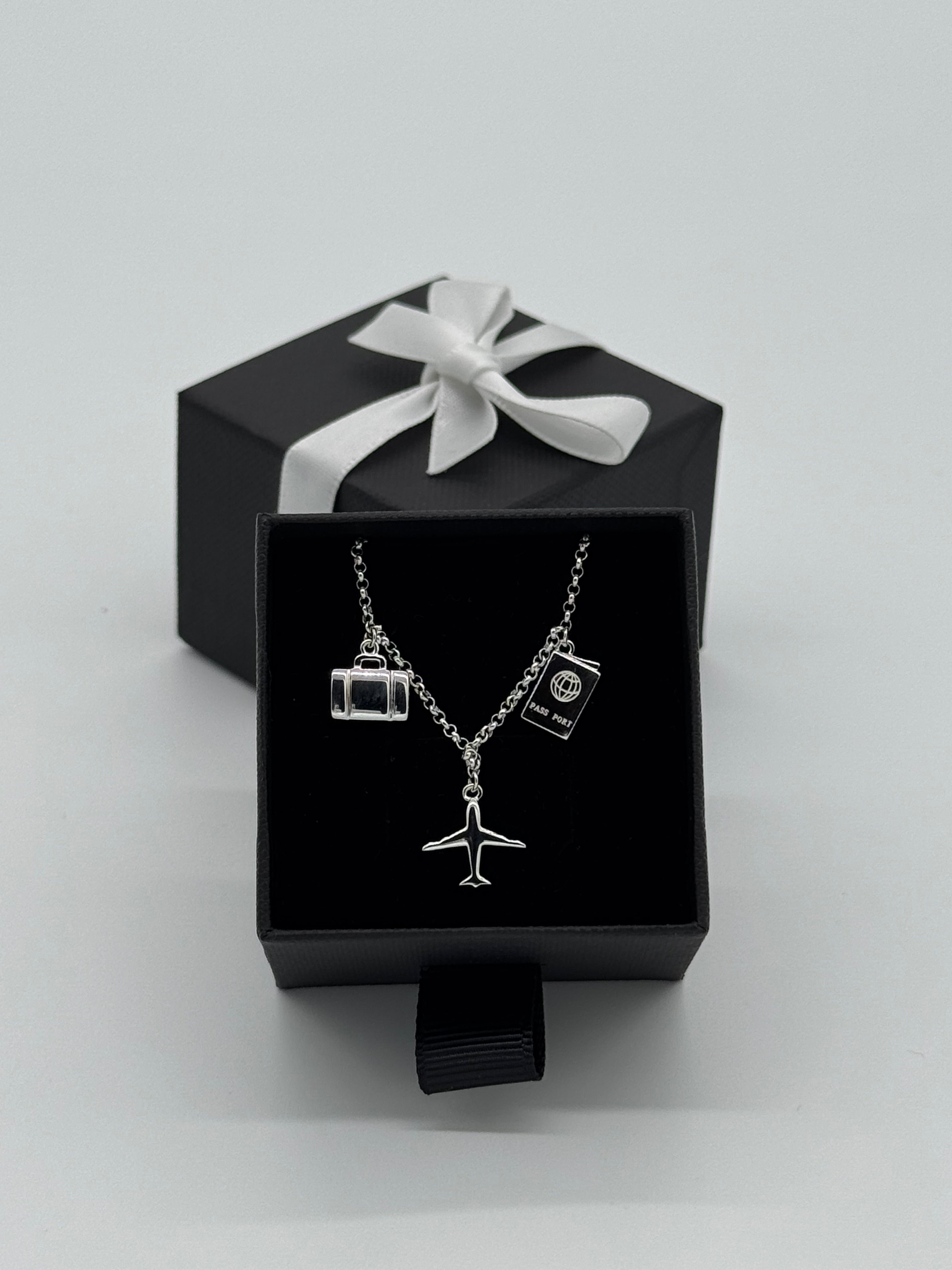 Flugzeug, Koffer und Reisepass Silberarmband 925 - Reise