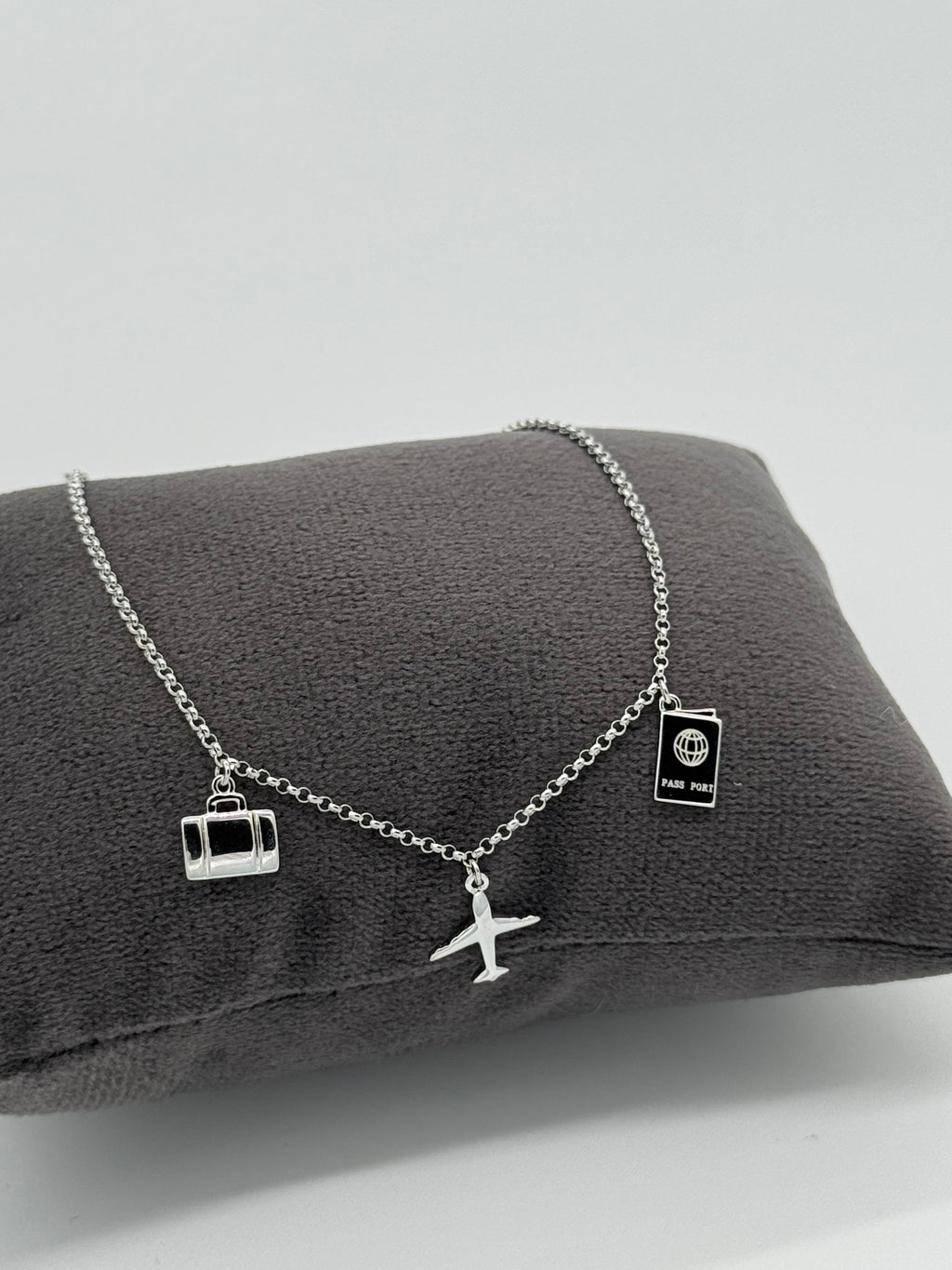 Flugzeug, Koffer und Reisepass Silberarmband 925 - Reise