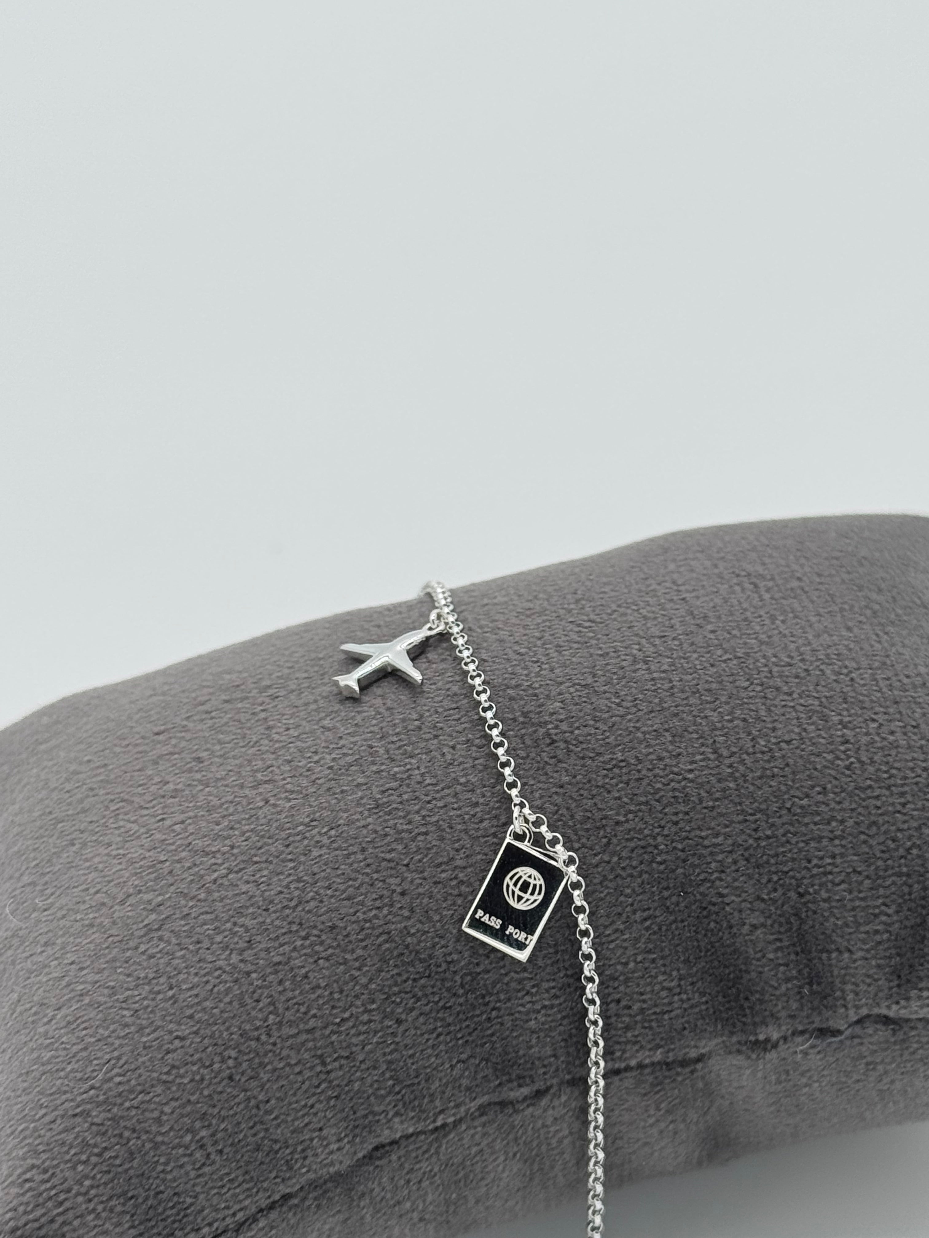 Flugzeug, Koffer und Reisepass Silberarmband 925 - Reise